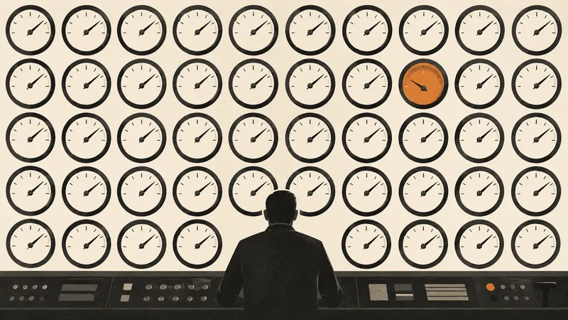 A control-room operator faces rows of similar gauges while one amber warning is lost among them.