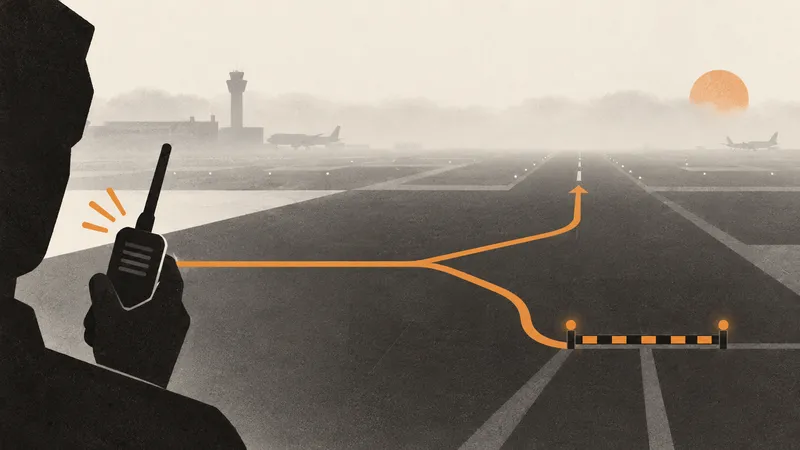 A radio transmission splits into two interpretations above a fog-shrouded runway.