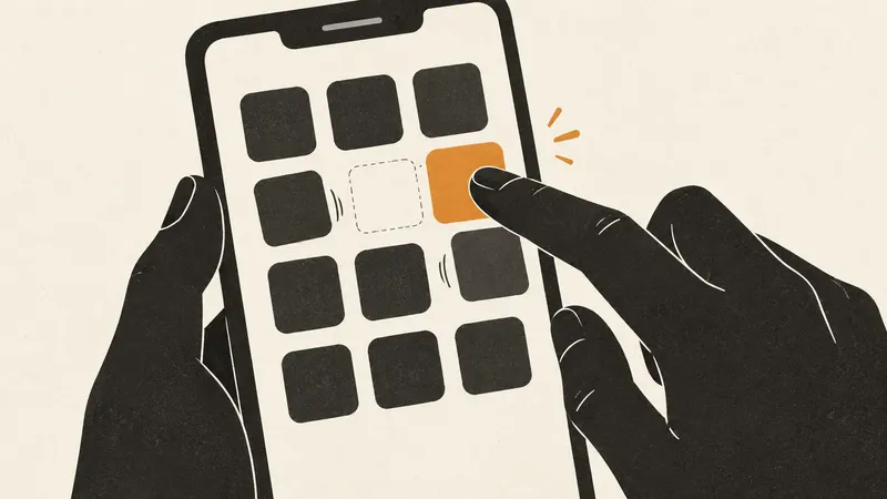 A finger moves an app tile across a phone grid while the surrounding tiles slide aside.