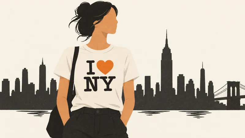A person wears an I heart NY shirt, with an amber heart and a quiet city silhouette behind them.