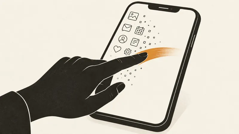 A hand swipes across a phone as interface icons fade into a single familiar gesture.