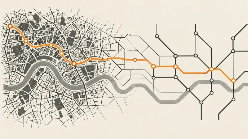 A tangled street map becomes a simplified transit diagram with clear routes and station dots.