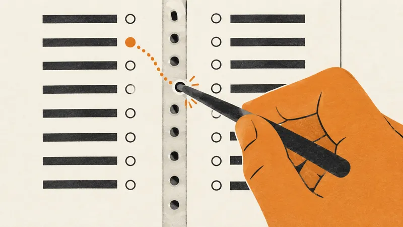 A voter’s stylus follows a confusing line from a ballot choice toward the wrong punch hole.