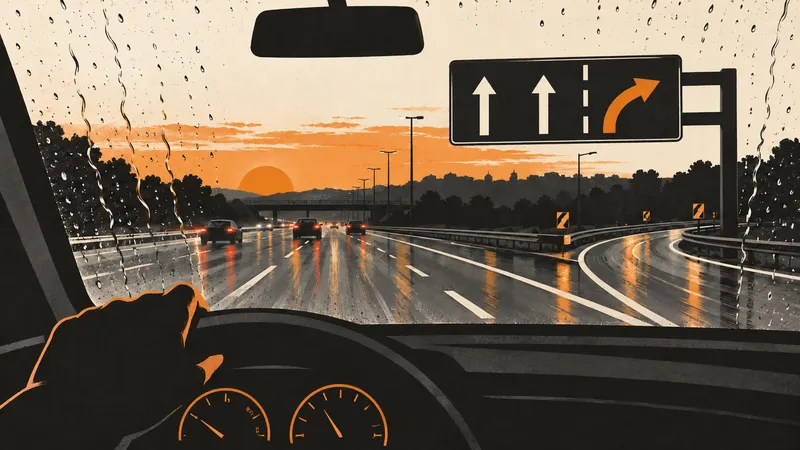 A motorway sign seen through a rain-streaked windscreen, with the road softened by motion and the sign sharply outlined.