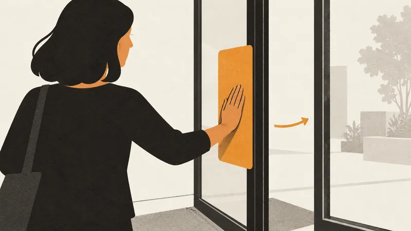 A hand presses a flat plate on a door with no handle to pull.