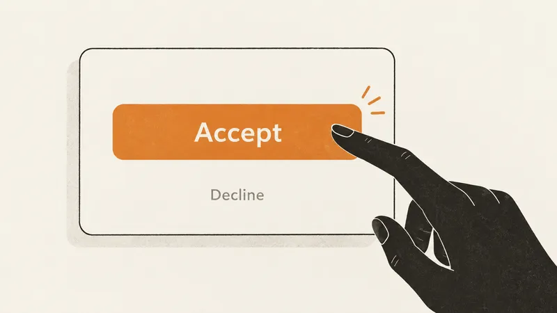 A bright accept button dominates a consent window while the decline option is difficult to notice.