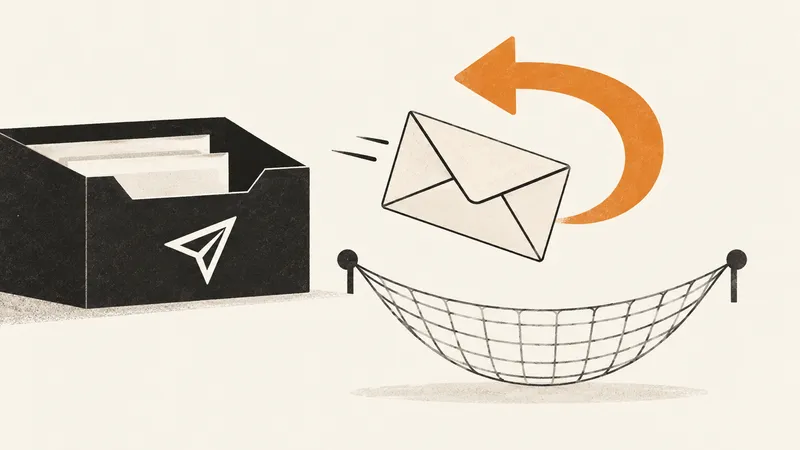 An outgoing envelope is caught by a curved return arrow and a small safety net.