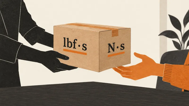 Two hands pass a parcel whose opposite labels read lbf·s and N·s.