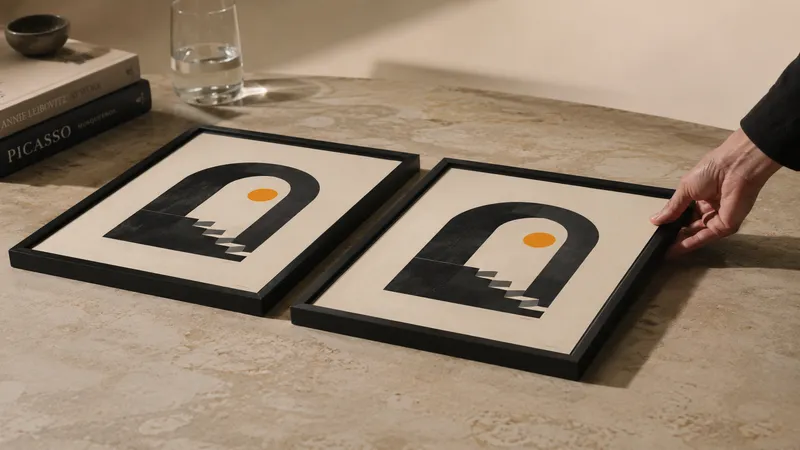 Two near-identical framed layouts on a table, one hand sliding the second one forward