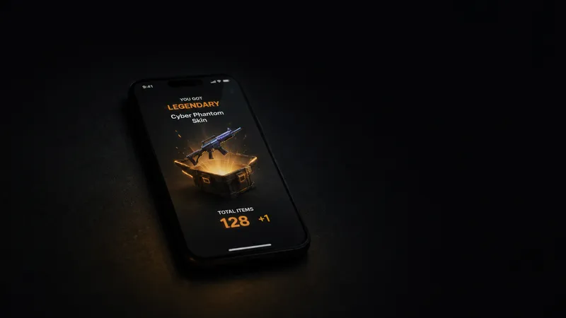 A single phone glowing in a dark room, a loot box already open on screen and a counter climbing