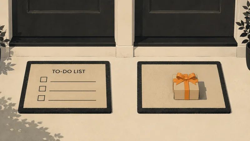 Two doormats side by side, one reading a blank to-do list, the other holding a small wrapped gift
