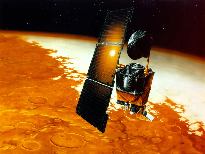 NASA artist rendering of the Mars Climate Orbiter, its solar array and high-gain dish extended, passing above the orange surface of Mars.