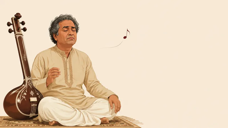 A seated master with eyes closed and one eyebrow raised, catching a single sour note that hangs alone in the still air
