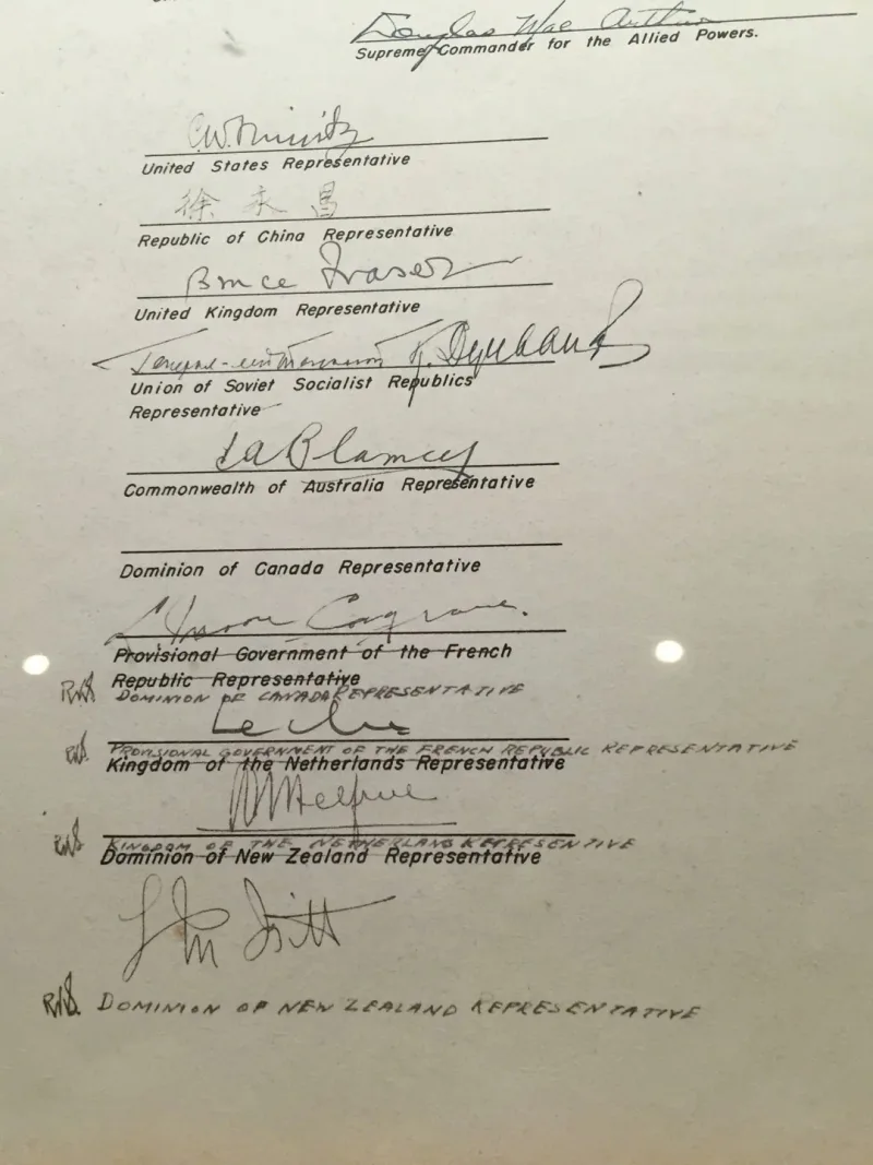 Close-up of the Japanese Instrument of Surrender signature block: printed Allied country titles struck through and re-written by hand in capitals, each initialled R.K.S.