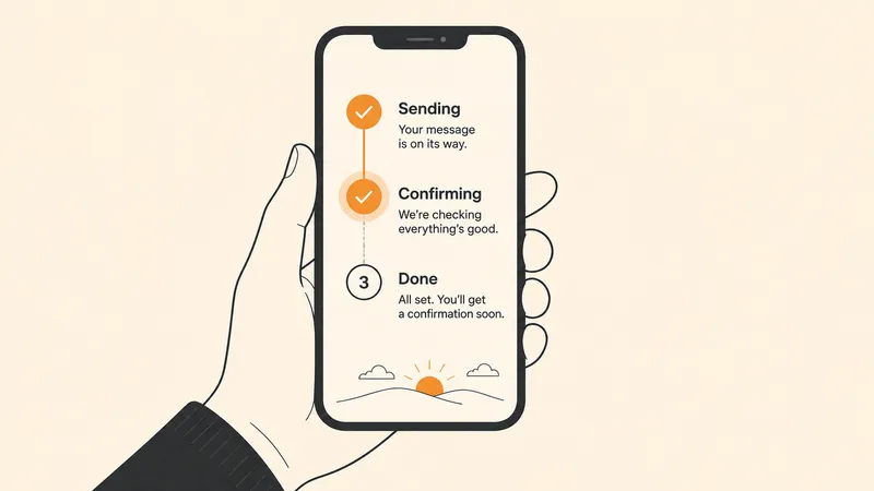A phone screen showing three plainly worded steps lighting up in sequence while a hand holds it steadily, calm replacing a blank spinner