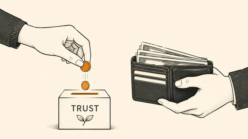 A hand dropping a few coins into a slot while keeping a full wallet held back in the other hand, trust given a little at a time