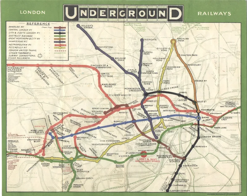 The 1908 geographic London Underground Railways map: coloured lines overlaid on real street geography, densely tangled and crowded in the centre.