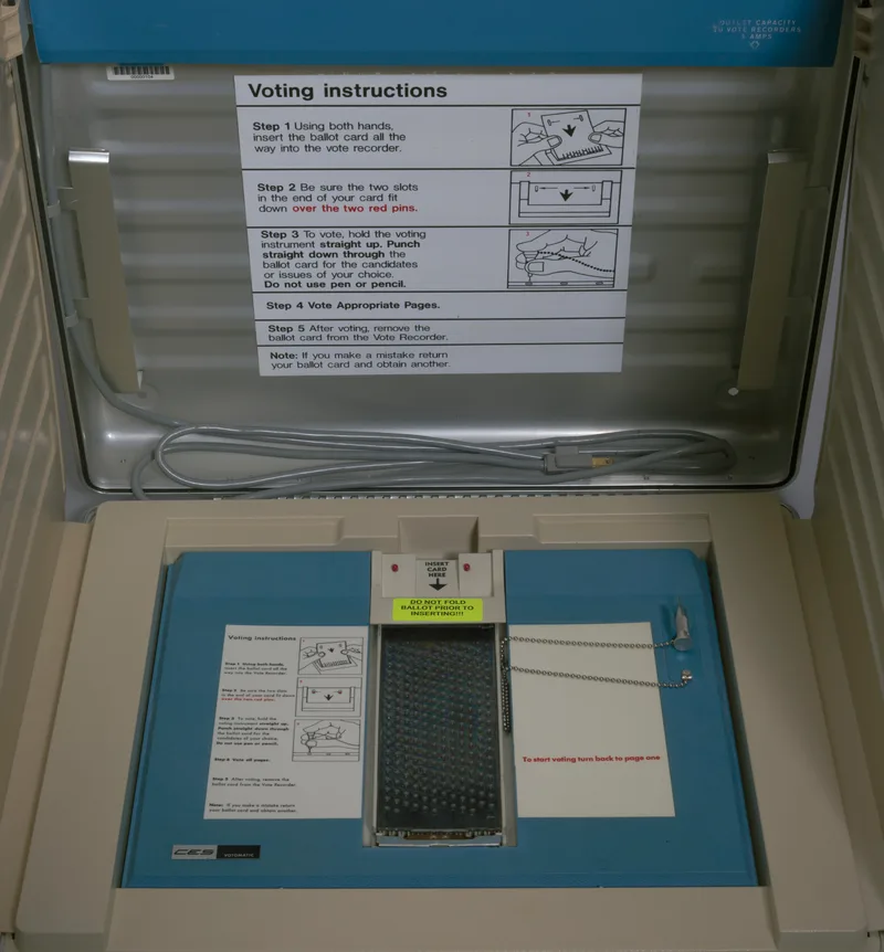 Inside a Votomatic vote recorder, printed candidate pages sit on either side of a narrow perforated grid of punch positions running down the centre, with a tethered stylus resting beside it.