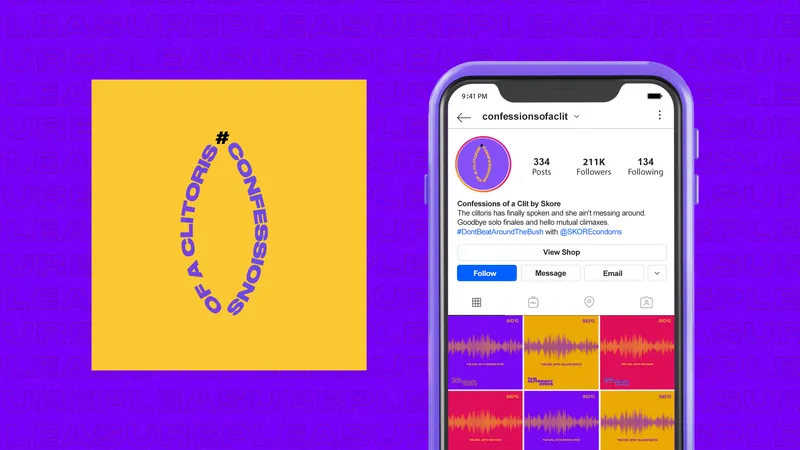 Clitoris-shaped scratch coupon displayed beside the campaign Instagram profile