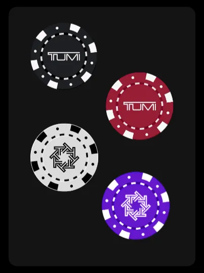 Four TUMI poker-chip designs with geometric and floral motifs