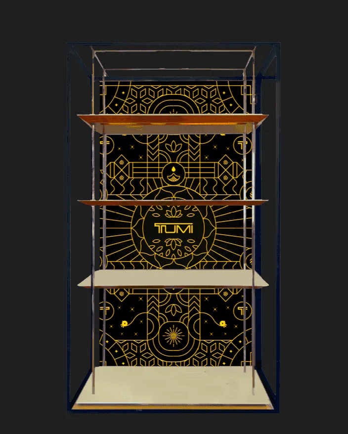 Retail display concept with a patterned backdrop, gold shelves and TUMI bags