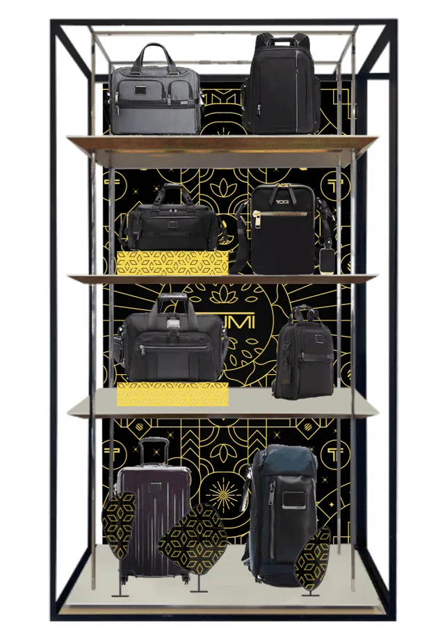 TUMI luggage shelving with the black and gold Diwali identity