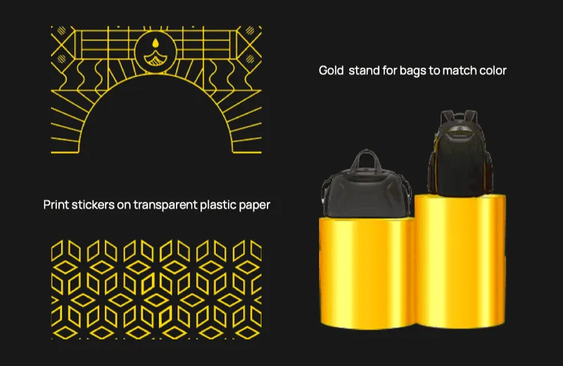Retail installation guide for gold bag plinths, printed borders and patterned stickers