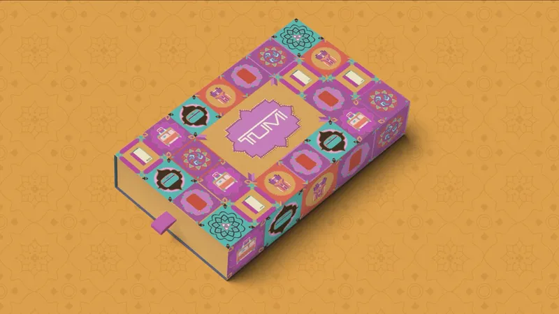 Early packaging concept with multicoloured geometric motifs on a purple sleeve