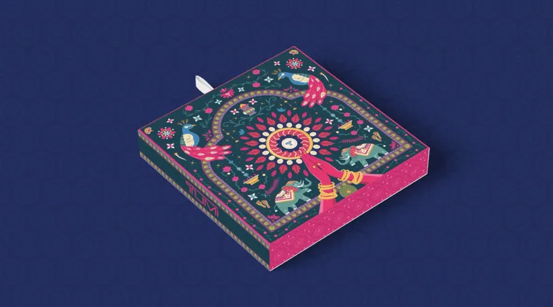 Early packaging concept with a colourful circular floral pattern on dark blue