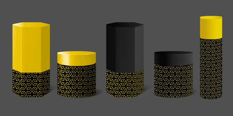 Five cylindrical plinth designs combining gold, black and geometric patterns