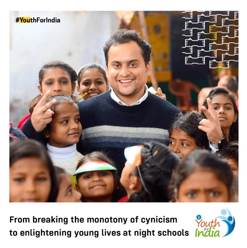 Fellowship campaign post showing a volunteer with schoolchildren