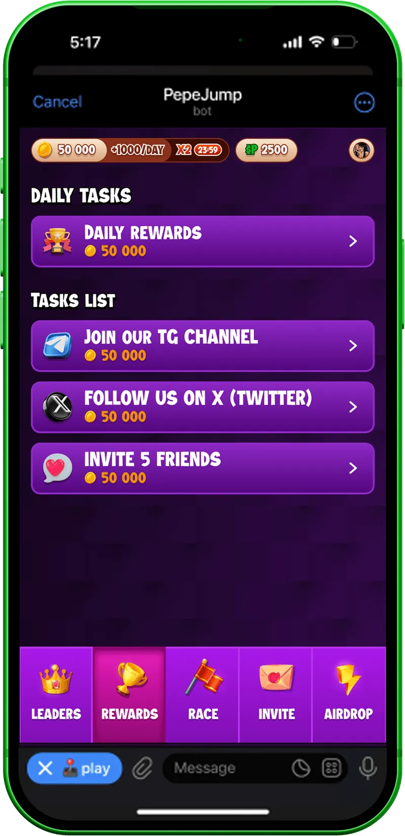 Daily tasks screen for claiming rewards, joining the channel and inviting friends