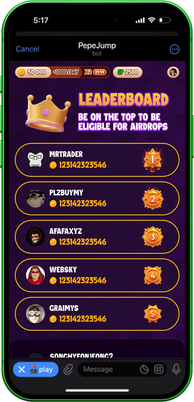 Leaderboard screen with the top players and their rewards