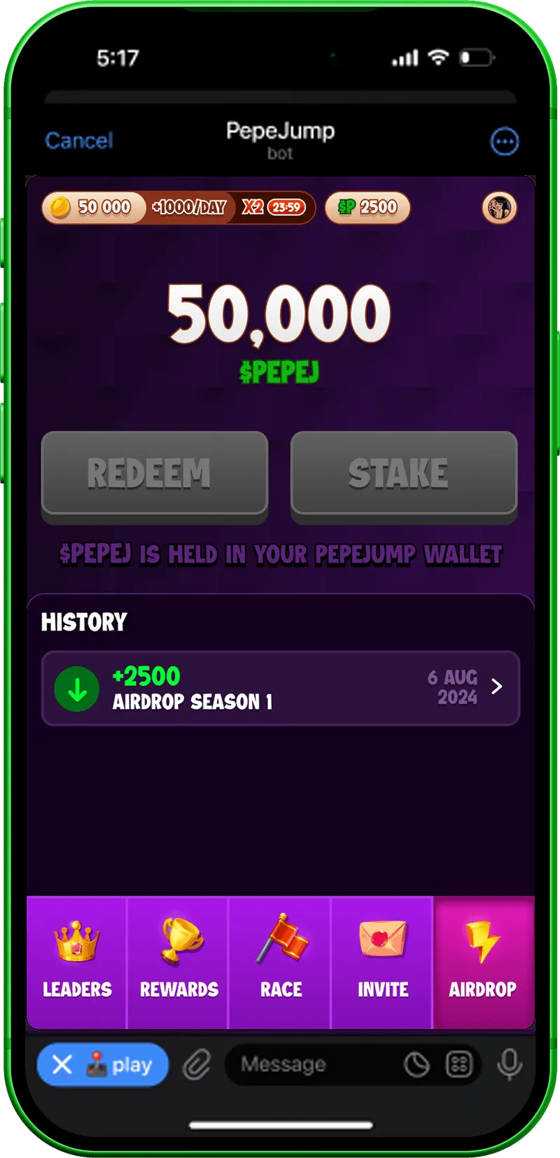 Wallet screen showing a 50,000 $PEPE balance and Redeem and Stake options