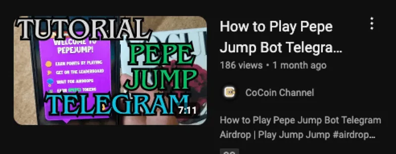 YouTube tutorial thumbnail explaining how to play PepeJump on Telegram
