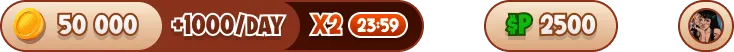 Game status badges for coins, daily rewards, multipliers and a countdown