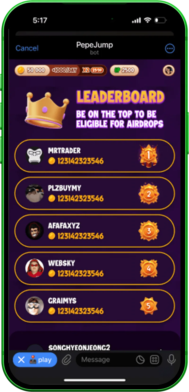 PepeJump leaderboard ranking players by their scores
