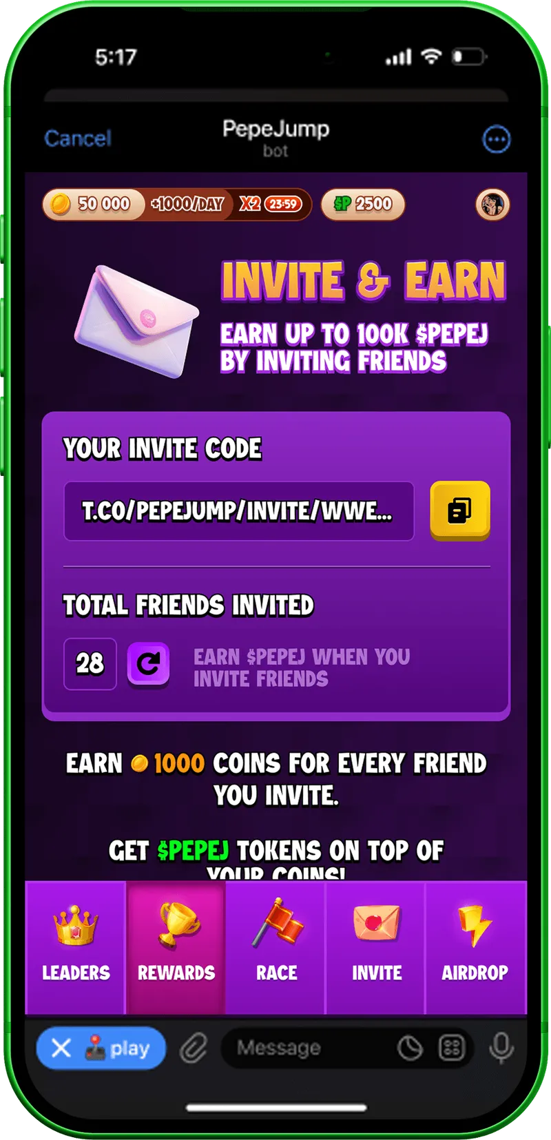 Invite and Earn screen with a referral link and invitation milestones