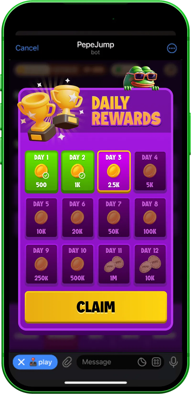 Daily rewards screen with the current day highlighted in green