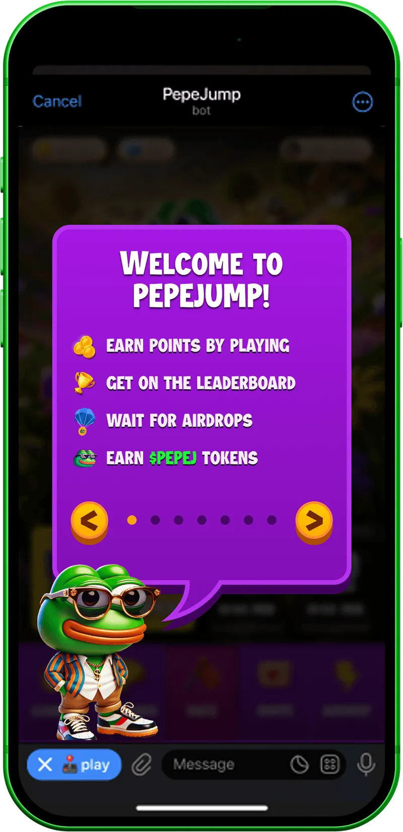 Welcome to PepeJump screen explaining play, leaderboard and referral rewards