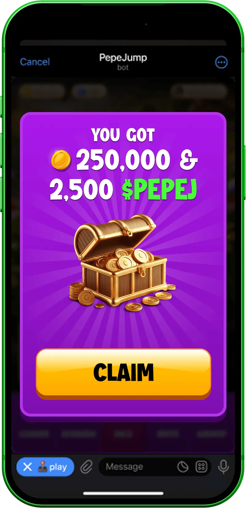 Reward screen offering 250,000 coins and 2,500 $PEPE