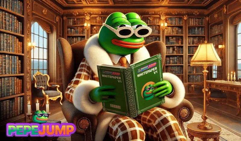 Frog mascot reading in a wood-panelled library