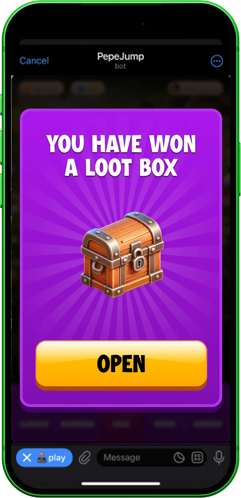 Loot-box win confirmation with an Open button