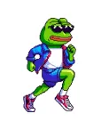 Pixel-art frog in a blue jacket, standing in a running pose