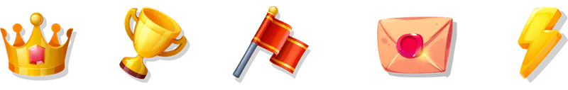 Game icons: player avatar, crown, trophy, hammer, envelope and lightning bolt