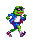 Pixel-art frog in a blue jacket, mid-stride