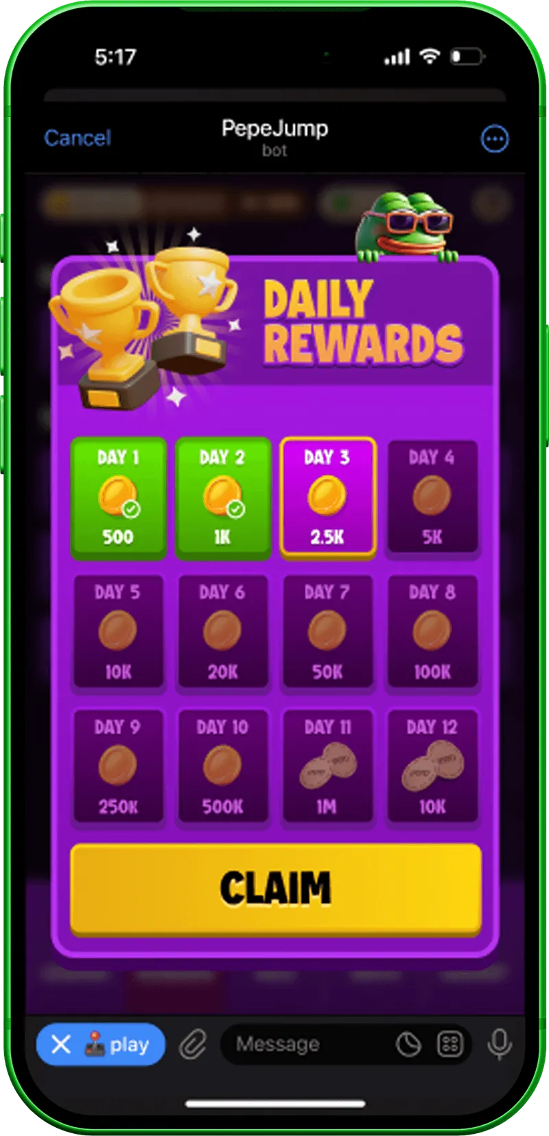 Daily rewards calendar with a Claim button