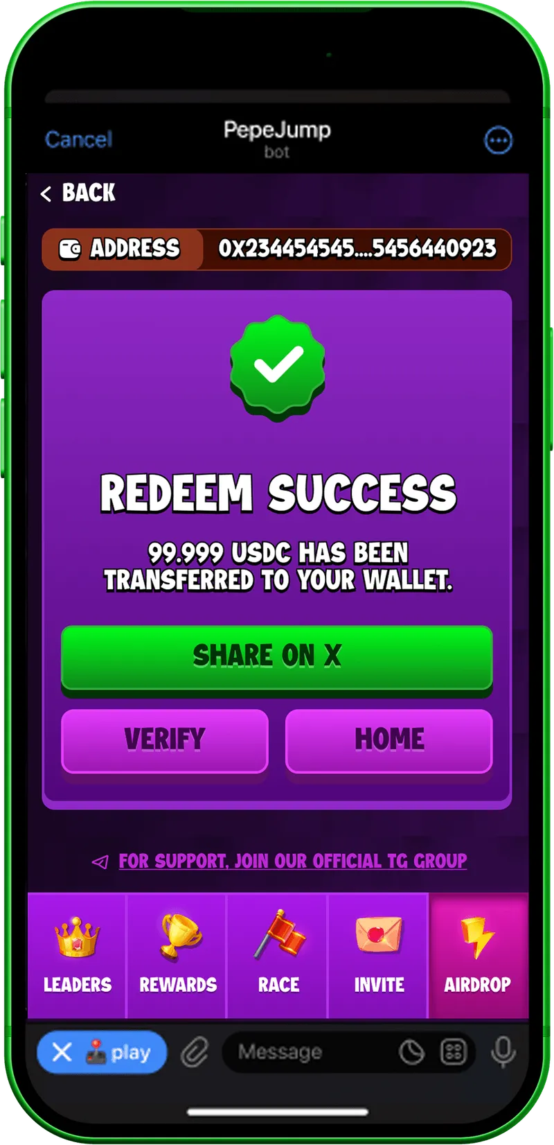 Redeem Success confirmation with transaction details and History and Home actions
