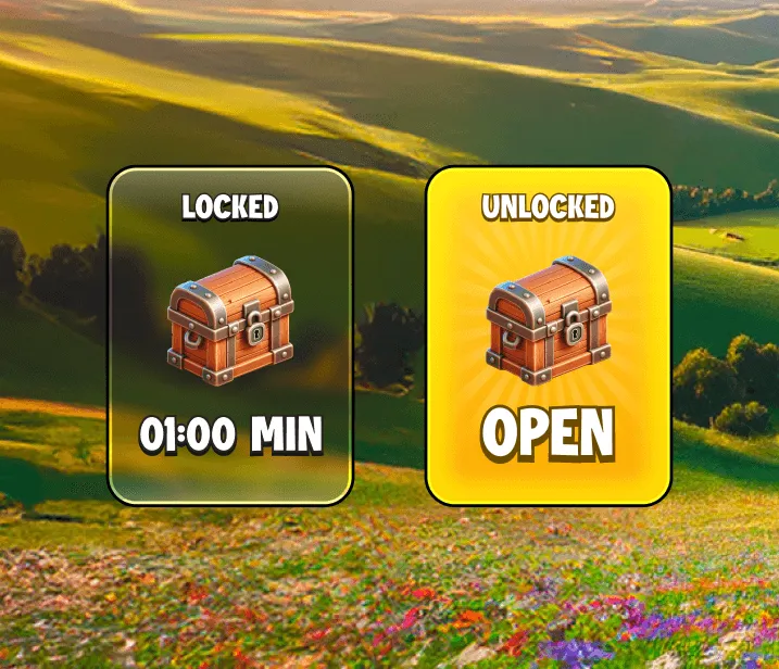 Locked and unlocked loot-box states, with a countdown and Open action