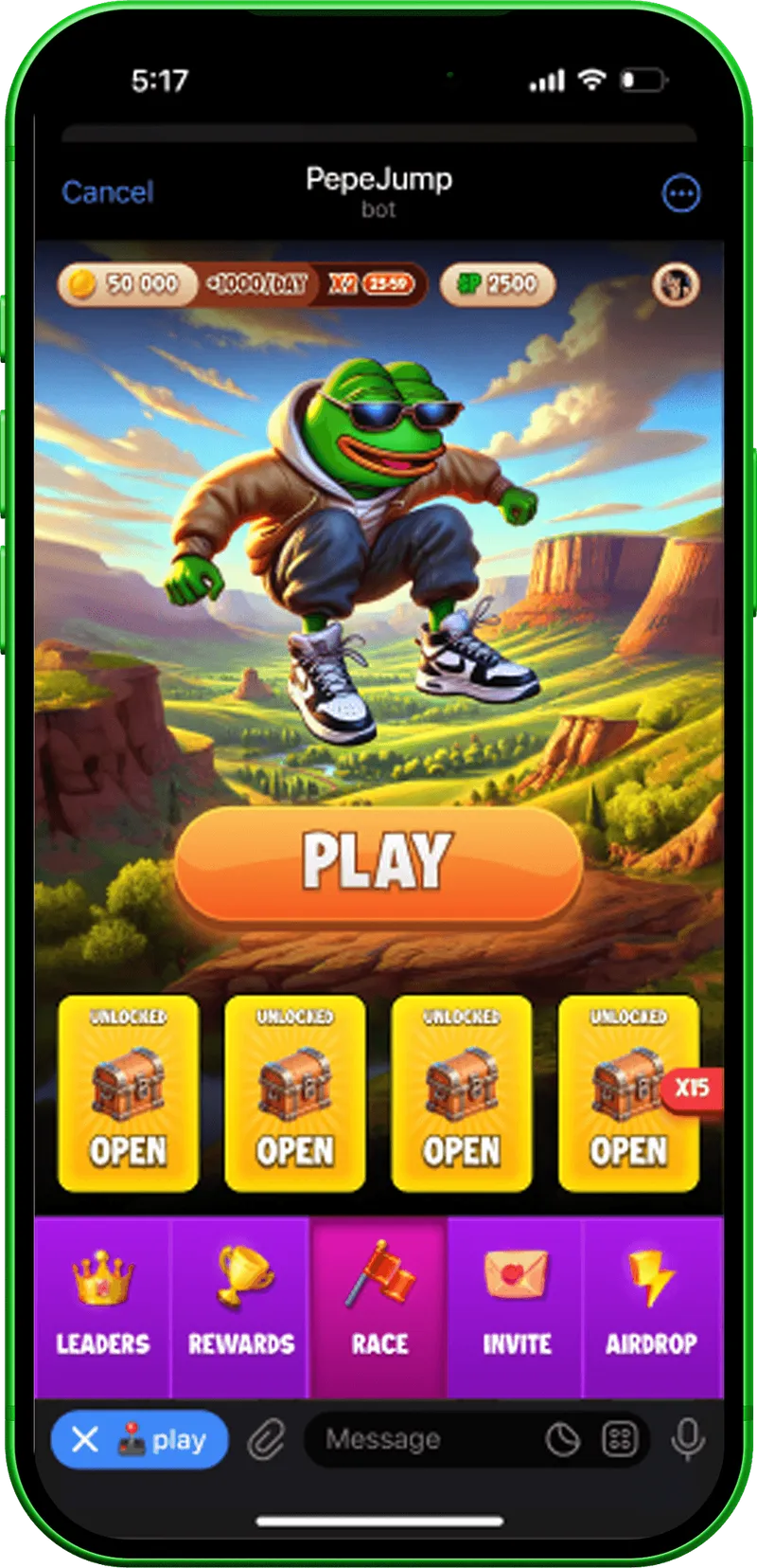 PepeJump home screen with the frog mascot, Play button and daily tasks
